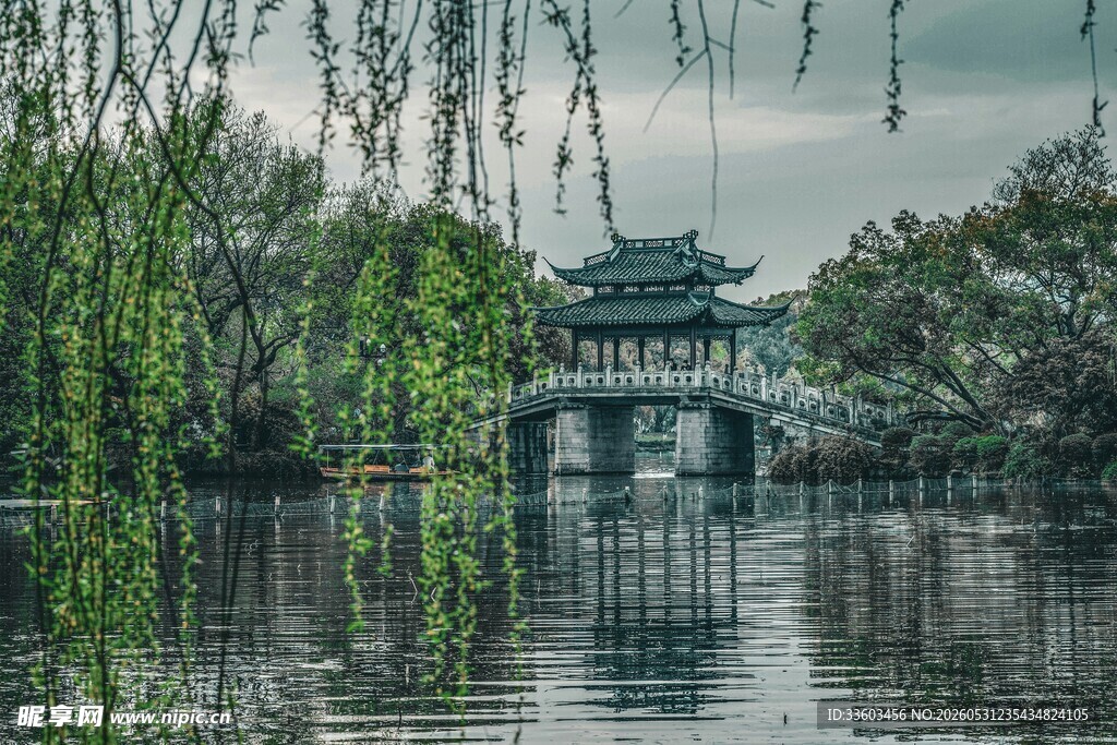 江南水乡古桥垂柳景致