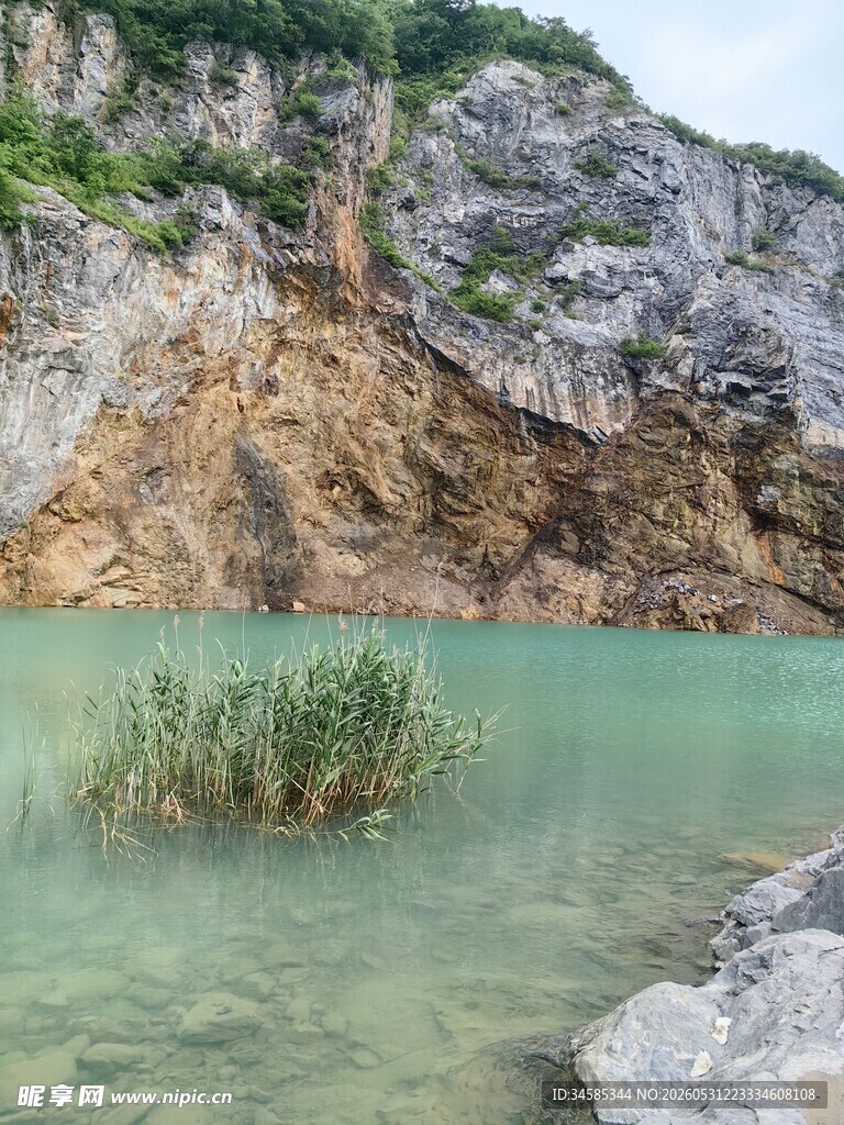 山间碧湖现葱郁水草
