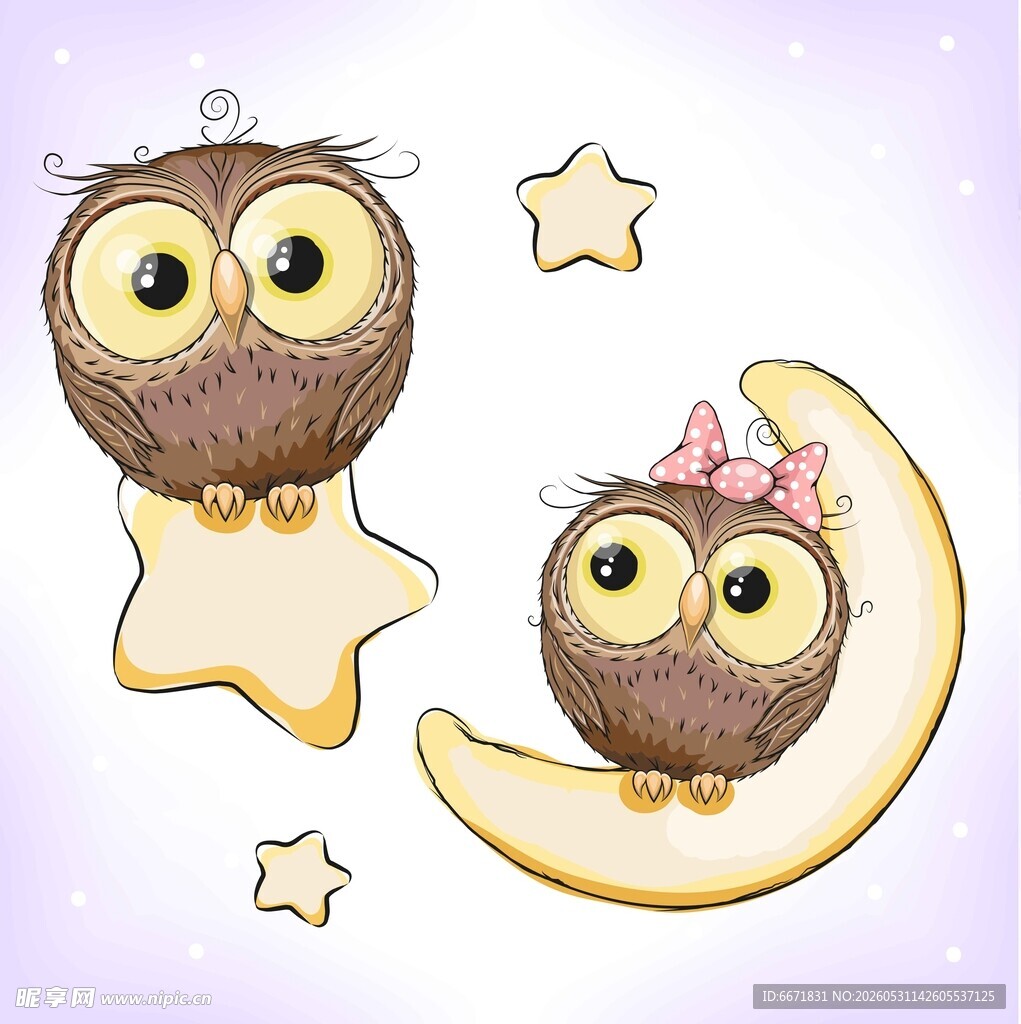 可爱猫头鹰与星月插画