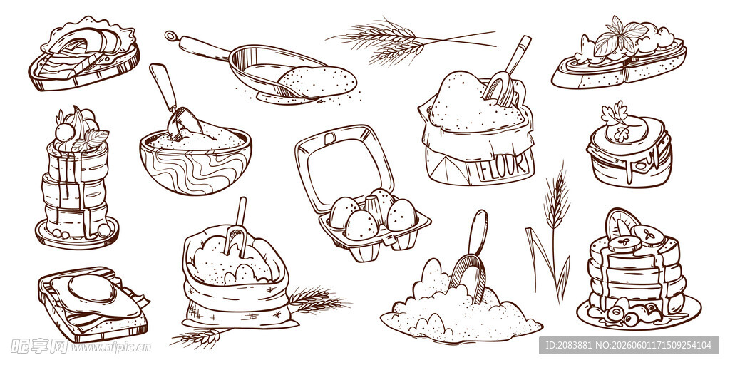 手绘线条烘焙食材插画