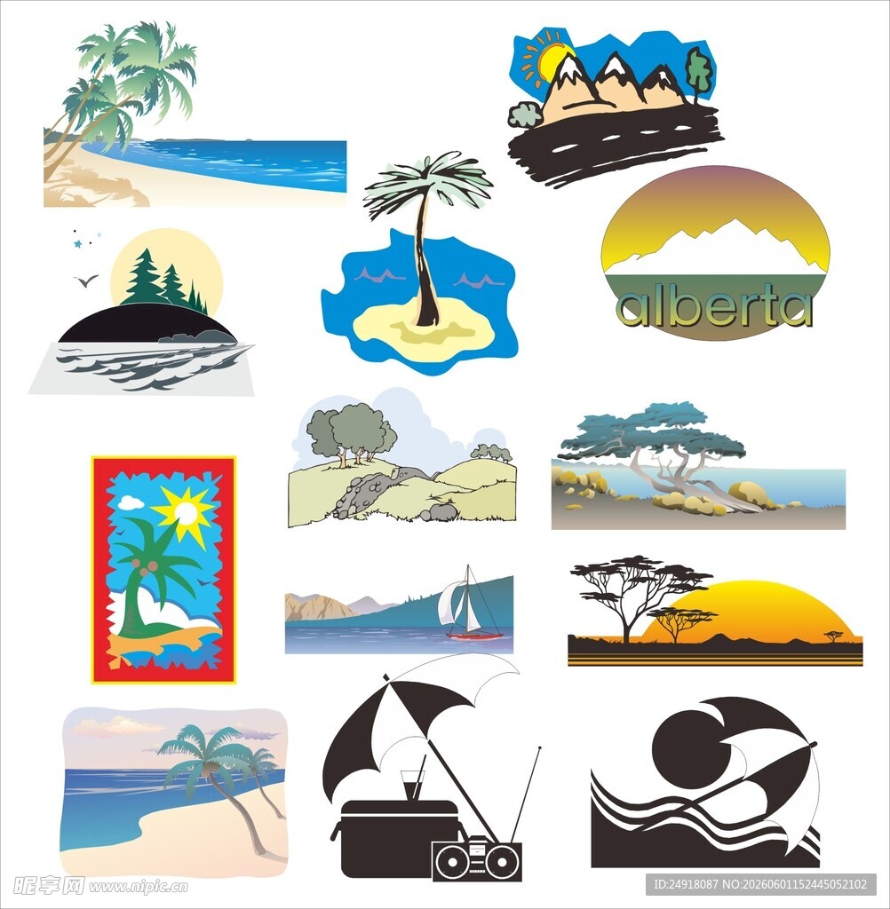 夏日矢量海边椰子树休闲插画背景