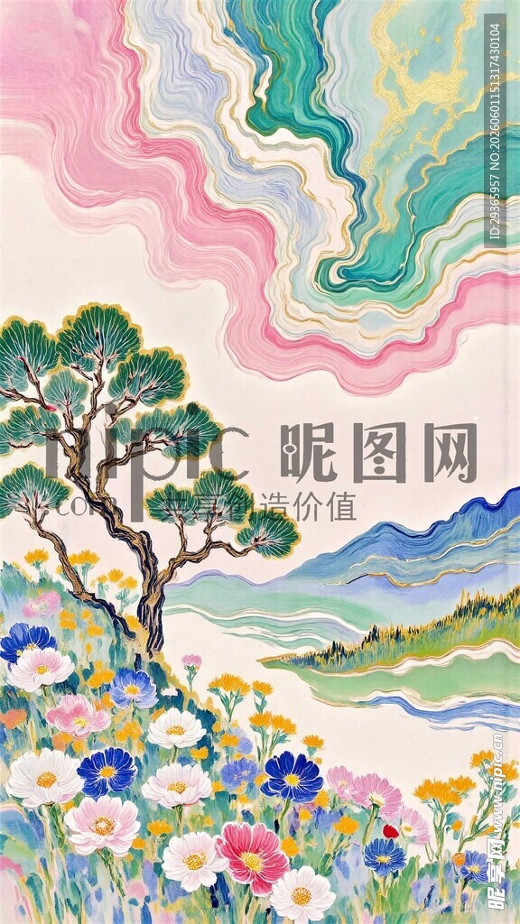 梦幻花卉山水风景图