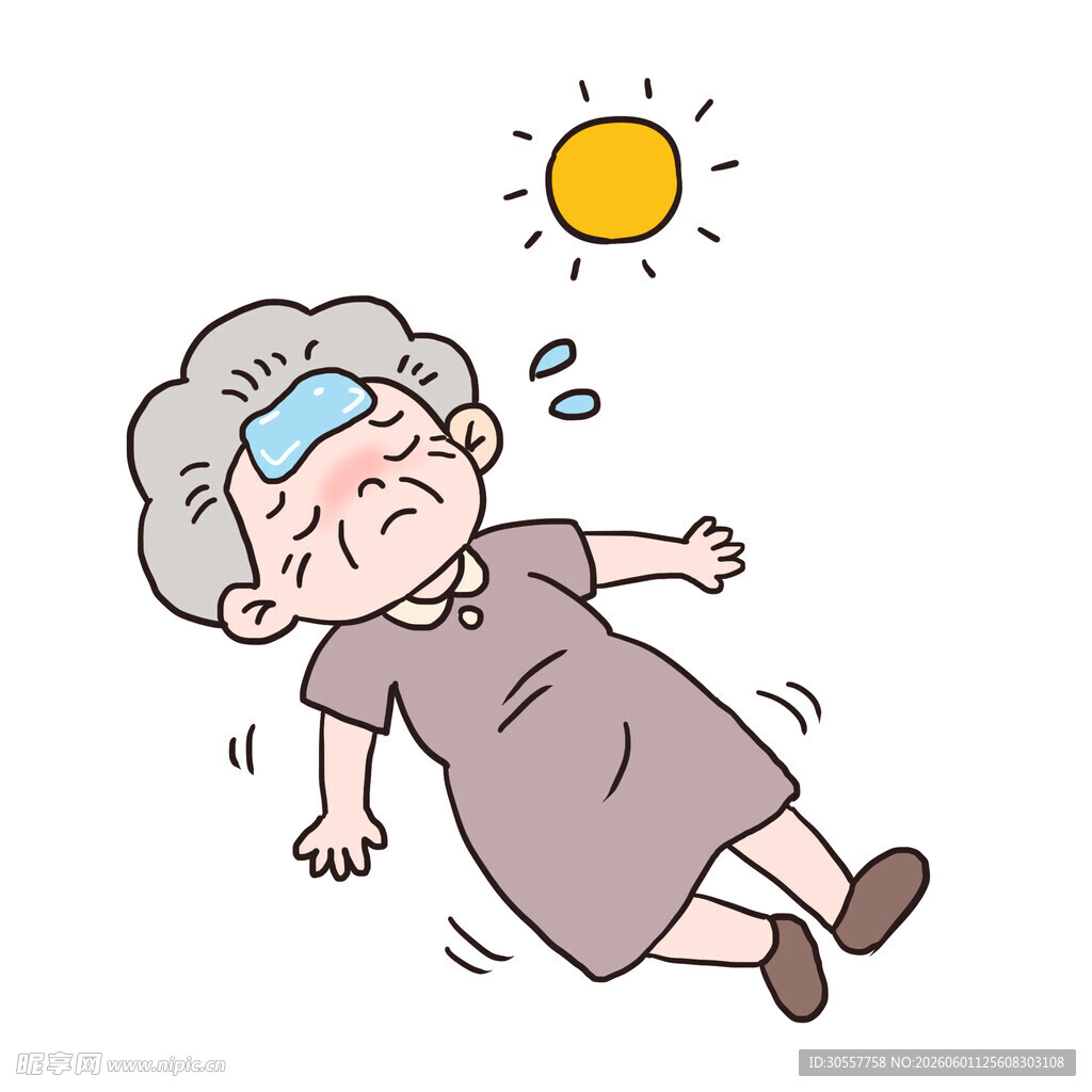 手绘卡通老奶奶中暑免抠