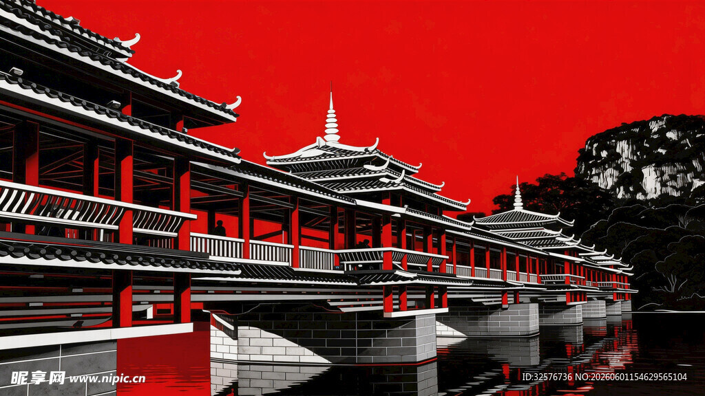 中式古建映于红墙碧水间