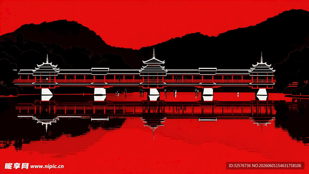 中式红黑山水建筑景观