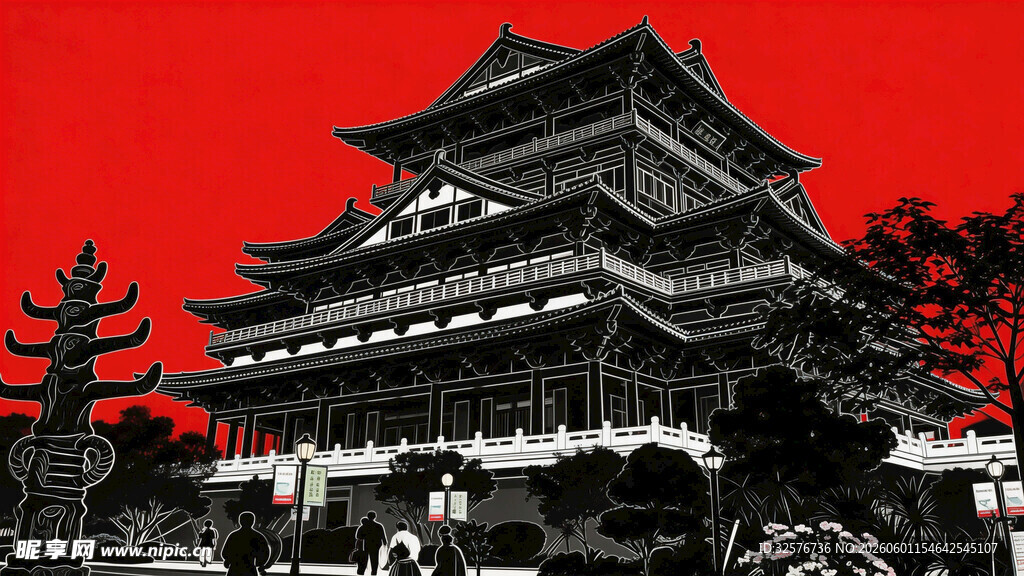 红色背景下的传统日式建筑