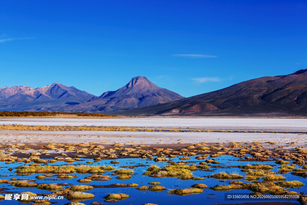 美丽盐湖与远处山峦景观