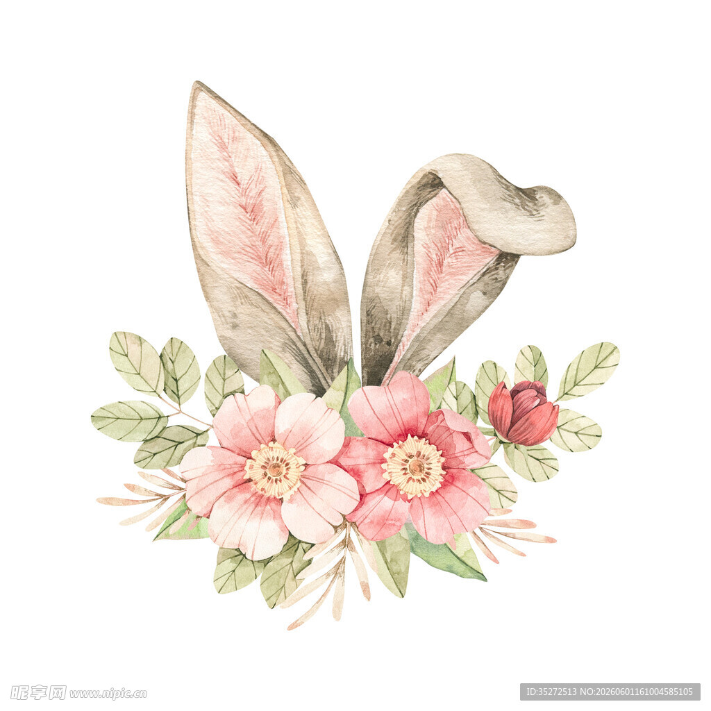 兔耳花卉插画