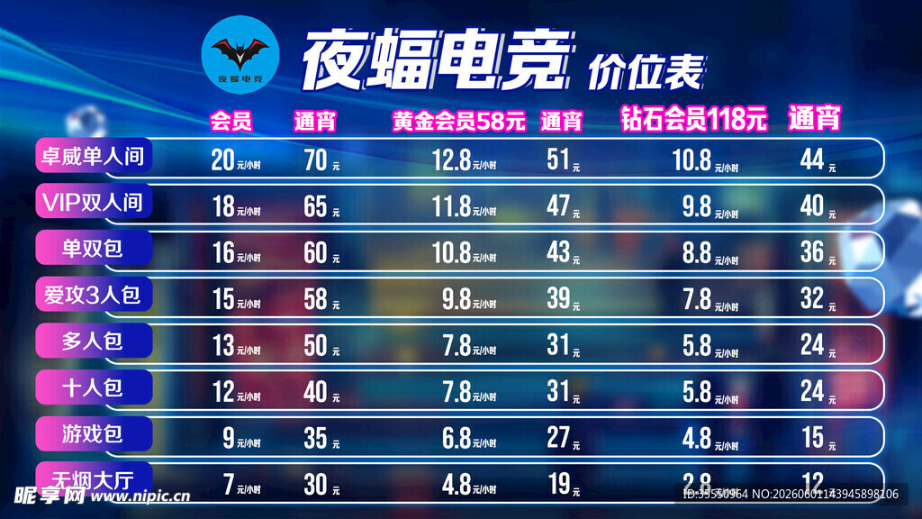 电竞价目表灯箱网咖网吧