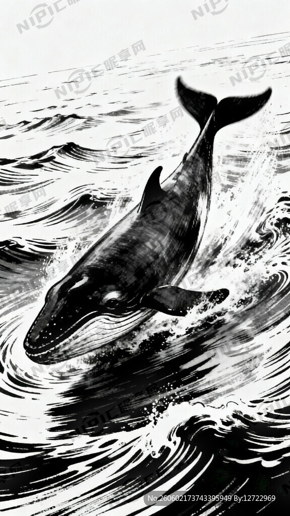 一幅黑白画的鲸鱼。鲸鱼正在海洋