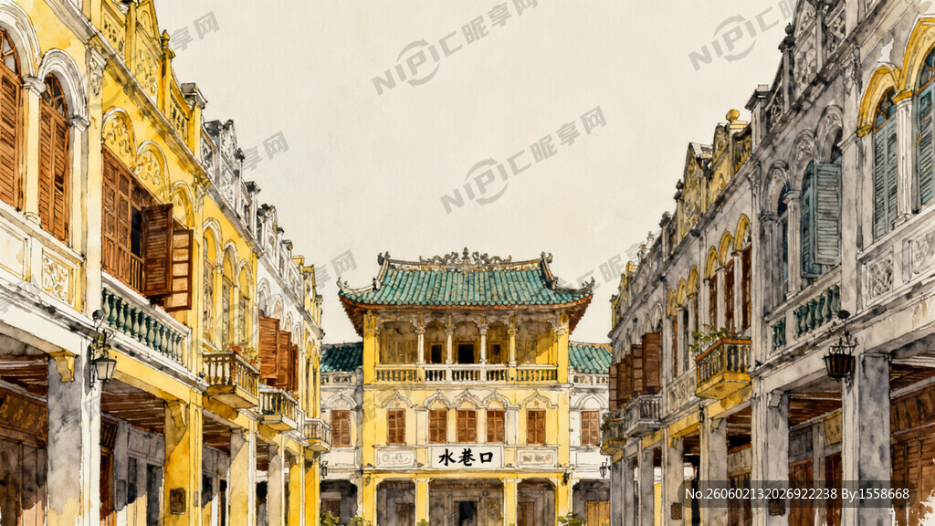 骑楼建筑左右两排向两边拉伸形成