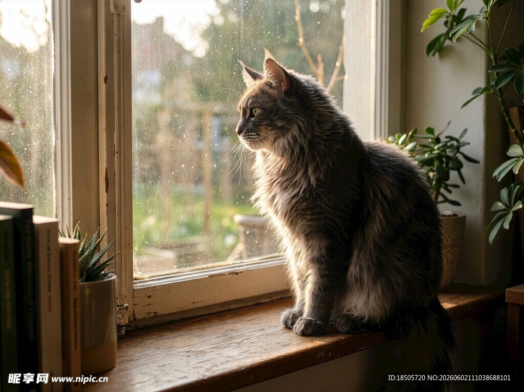 窗边猫咪静望窗外风景