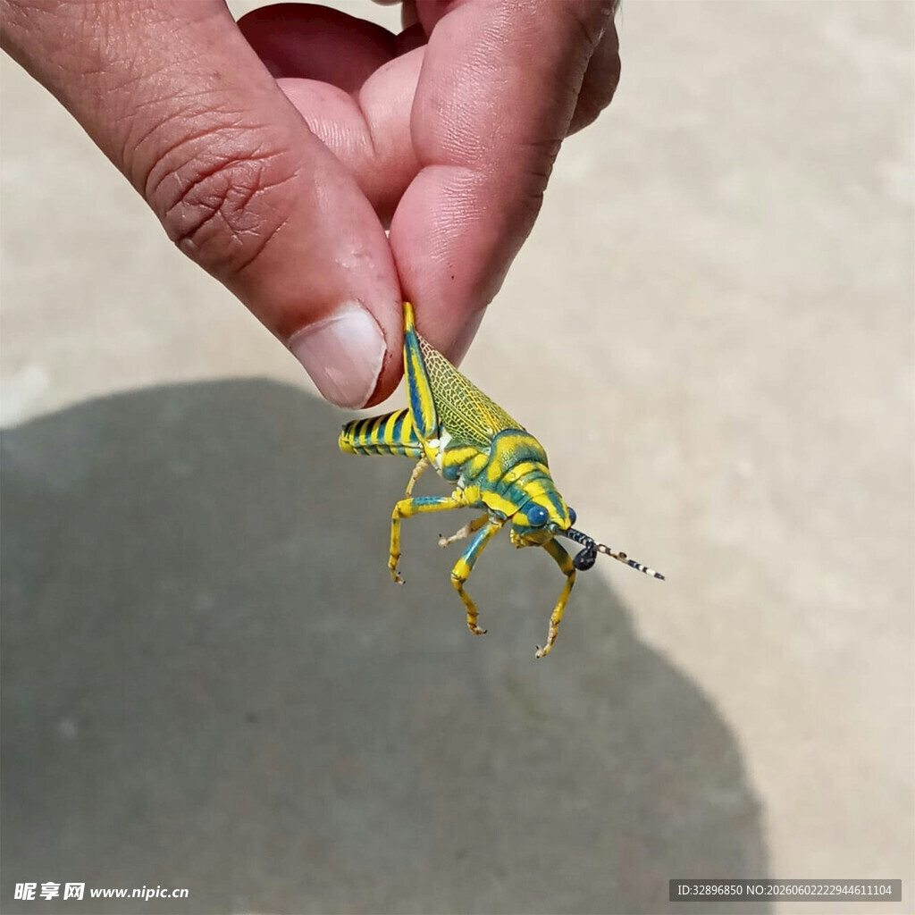 手握着的绿黄相间蚂蚱