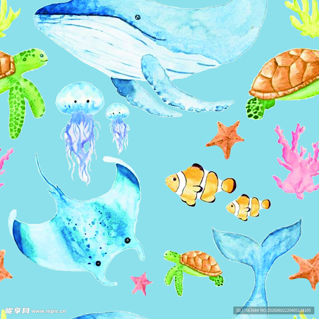 海洋生物水彩插画图案