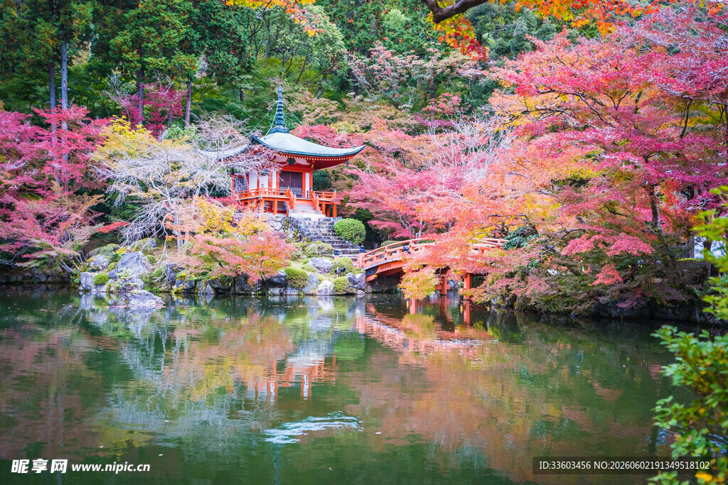 秋日湖畔的日式亭阁美景