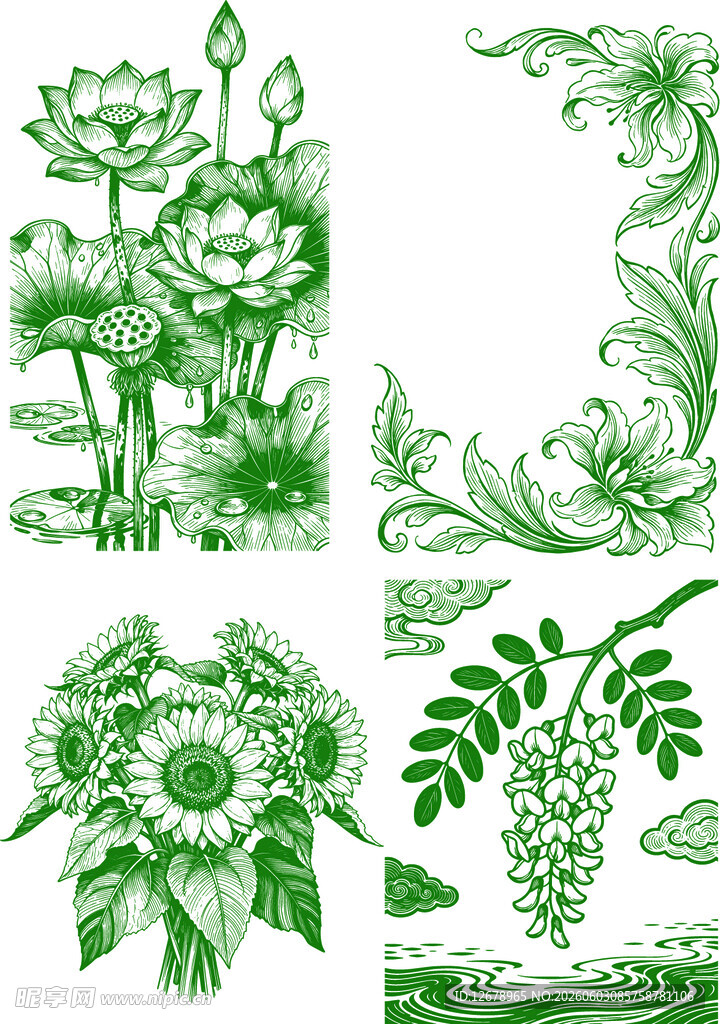 绿色花卉植物矢量图案