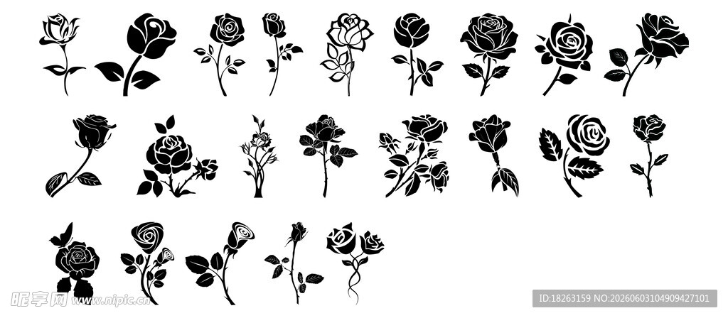 玫瑰花剪影 各种玫瑰花 线条画