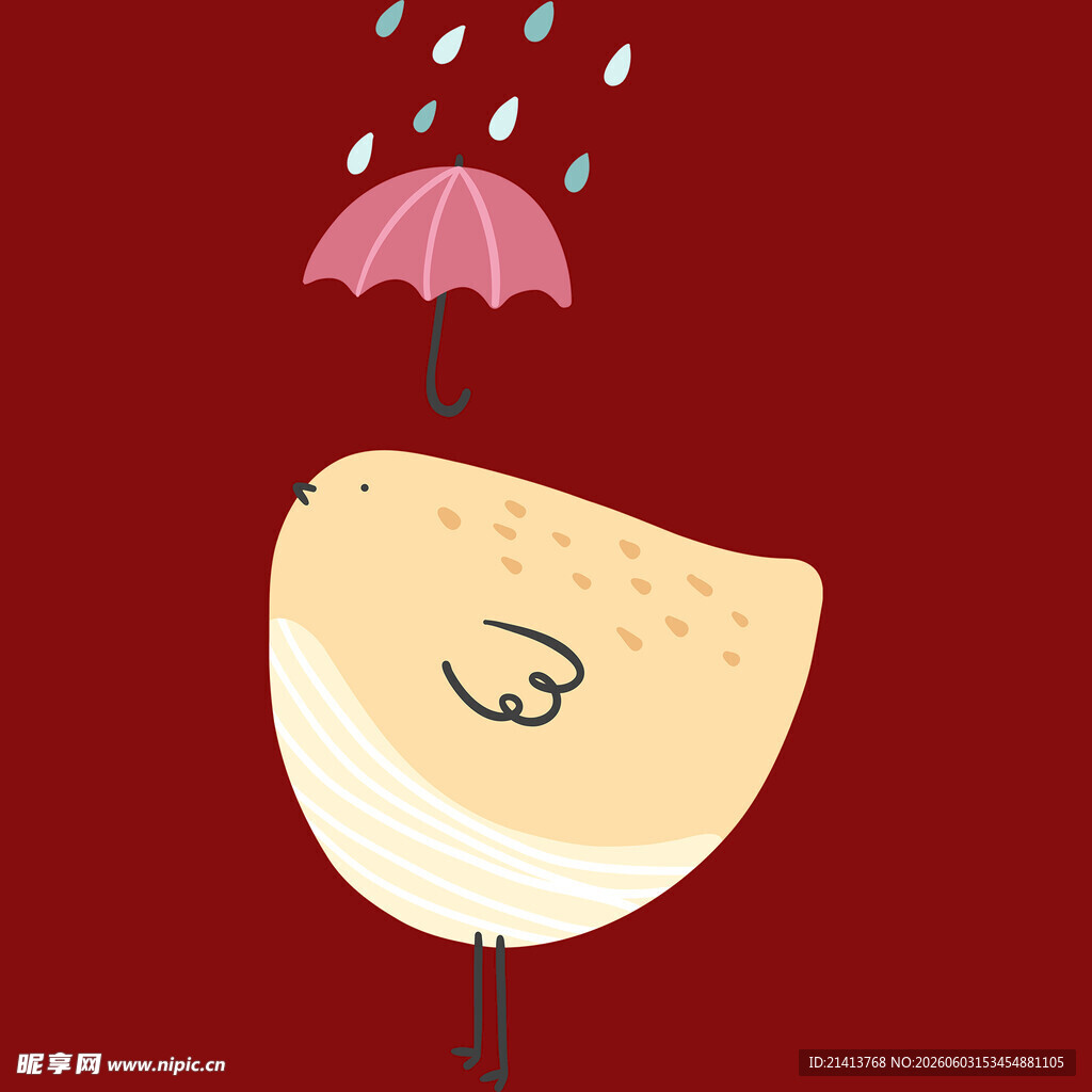 雨中撑伞的可爱卡通小鸟