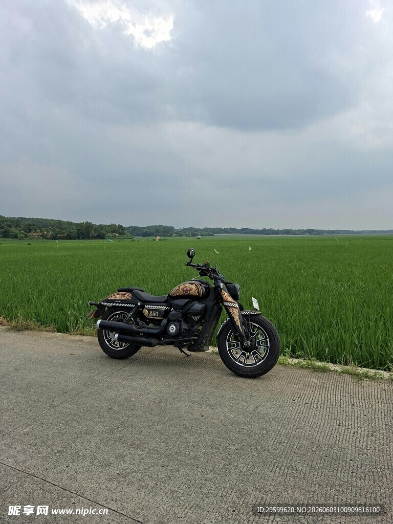 公路旁田野边的酷炫摩托车