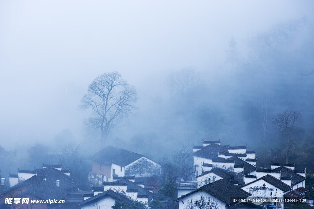 雾中雪覆村庄景象