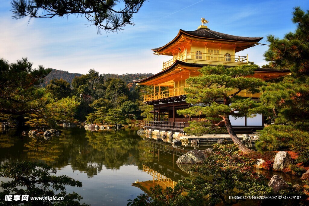 日本金阁寺的湖景风光