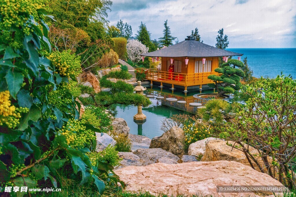 海边中式园林景观小屋