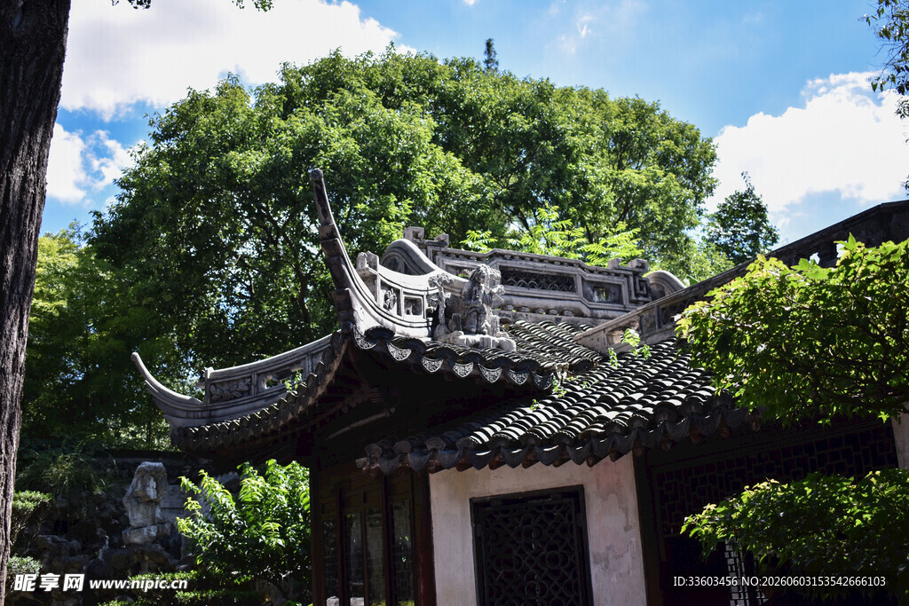 中式古建筑屋顶与绿植