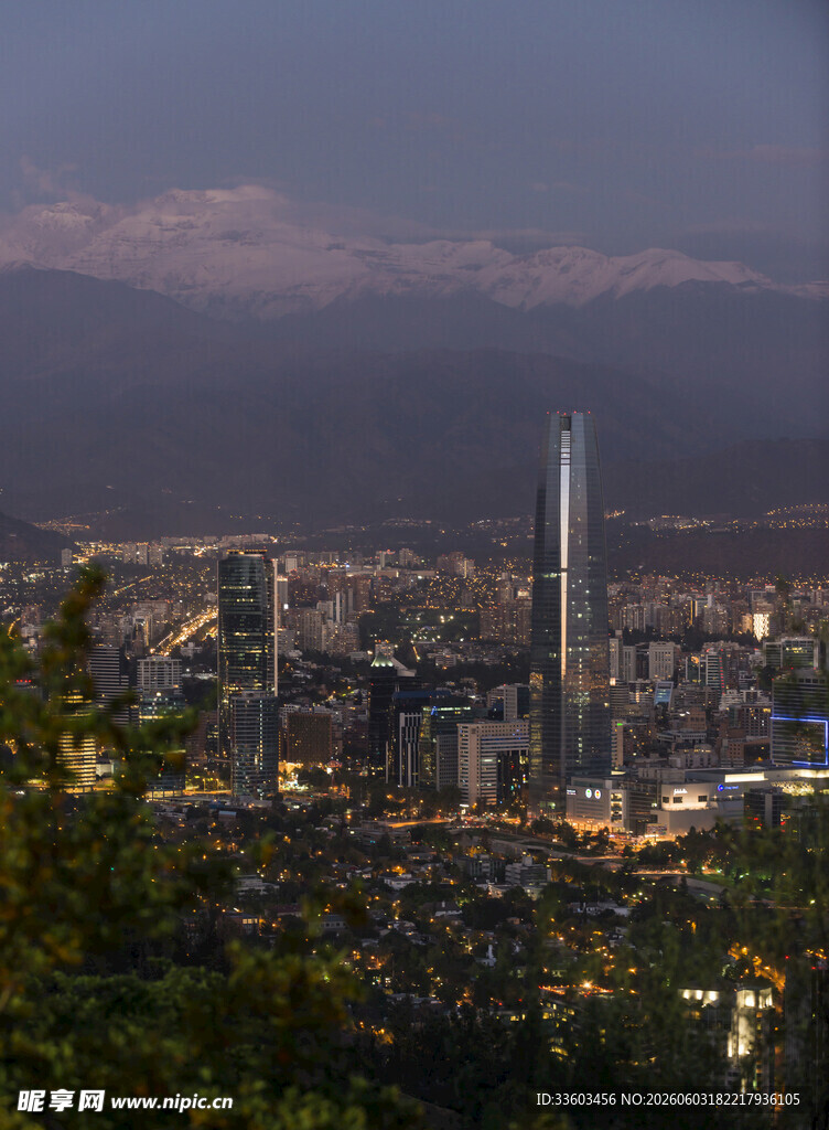 夜幕下的城市与巍峨群山