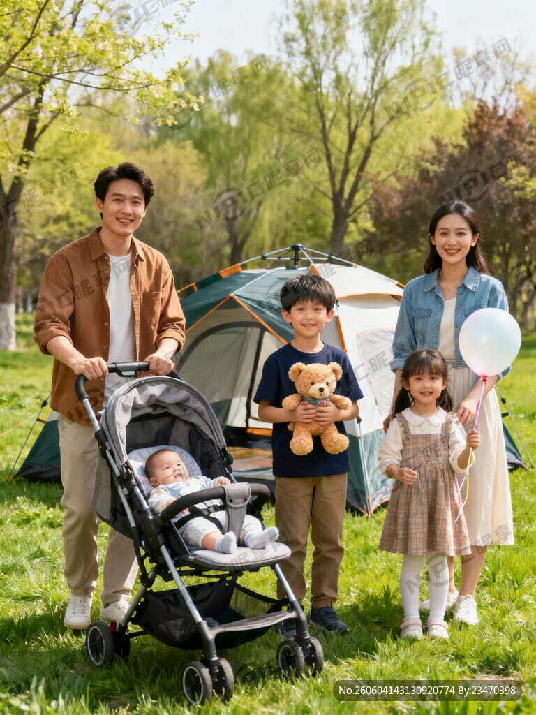 春天 在户外的草地上 一家四口