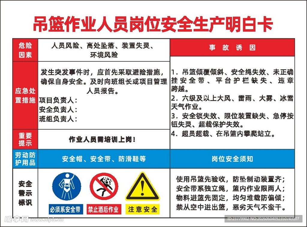 吊篮安全生产明白卡