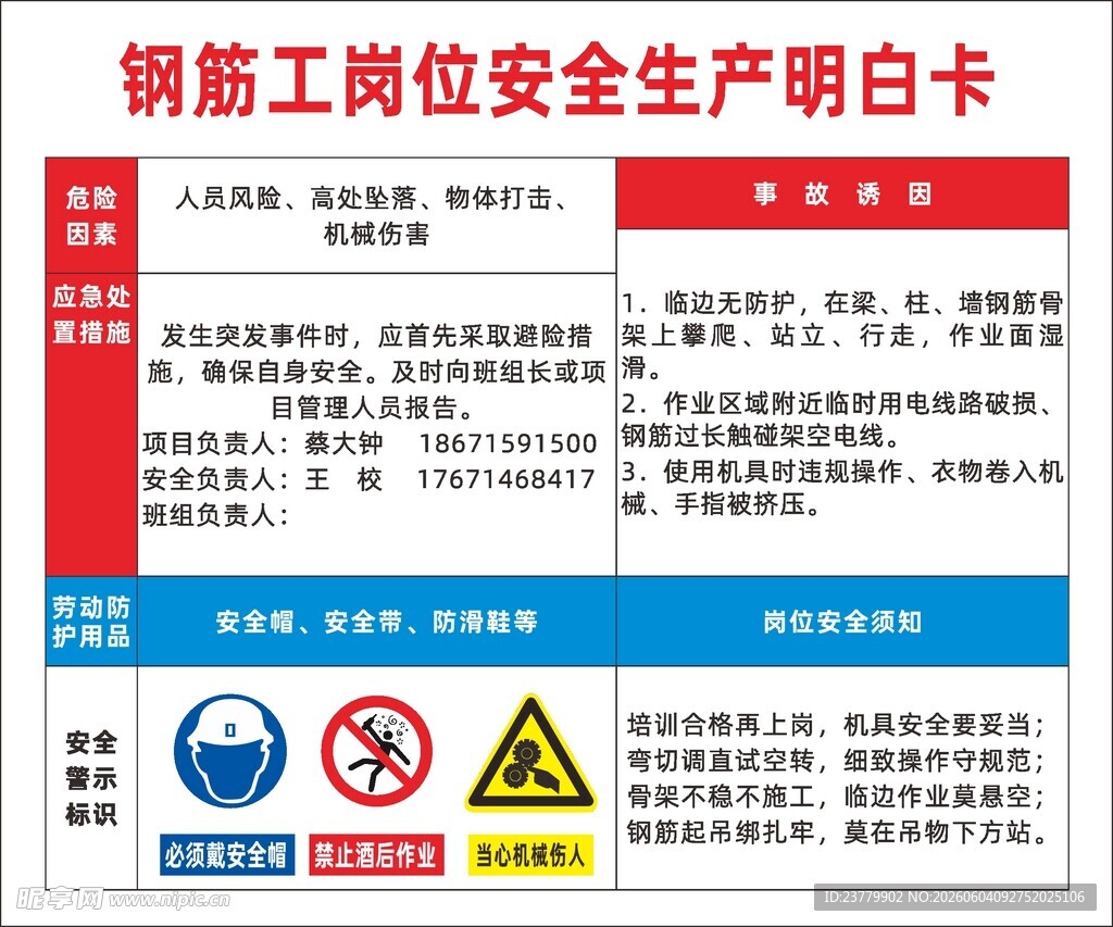 钢筋工岗位安全生产明白卡