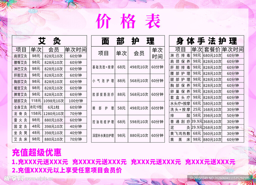 美容项目价目表