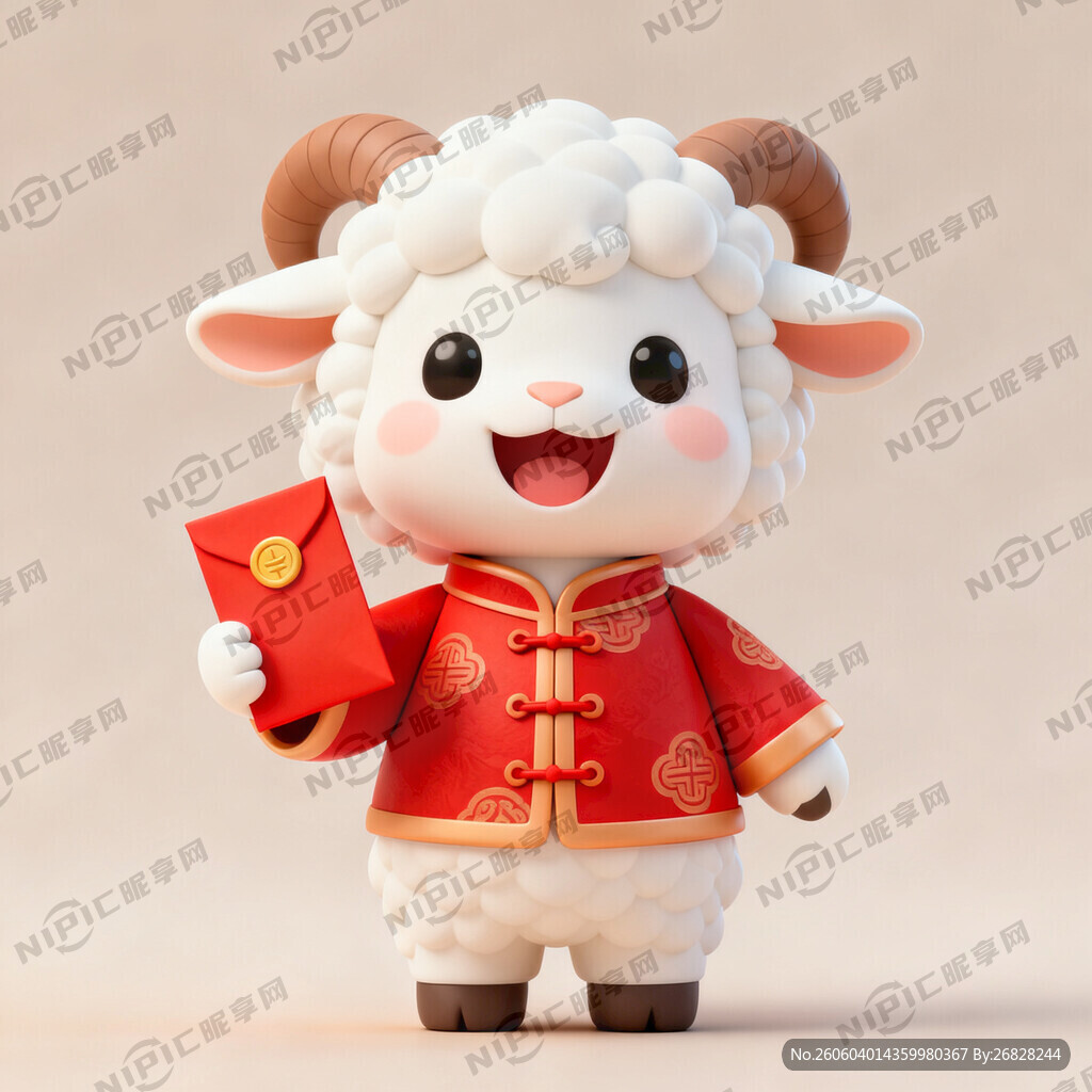 羊年吉祥物 白羊穿红色唐装 笑