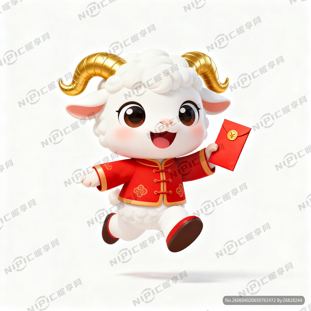 白色羊 金色角 上身穿红色唐装