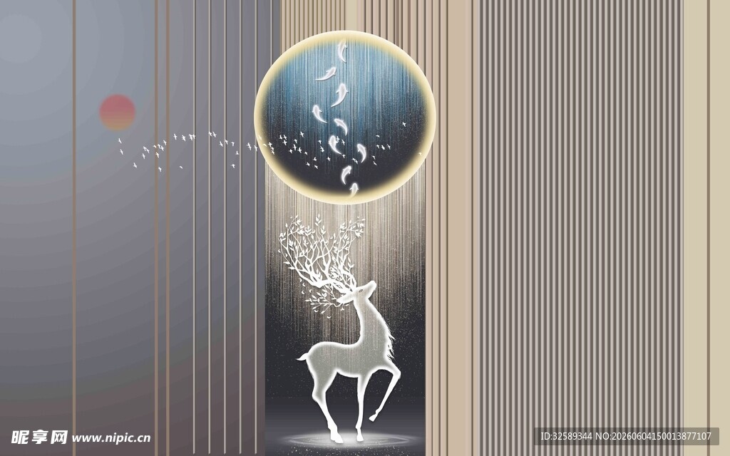 梦幻麋鹿与月中式意境图