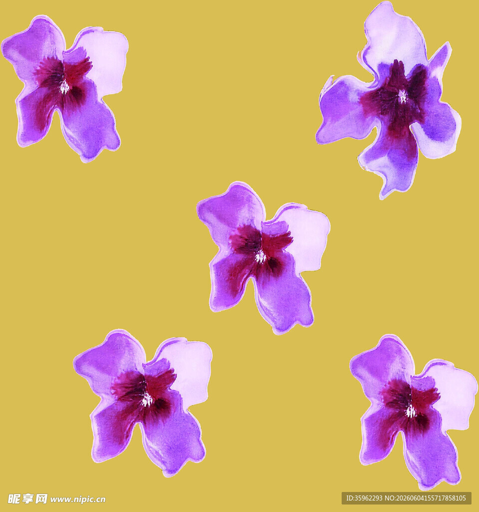 黄色背景上的紫色小花