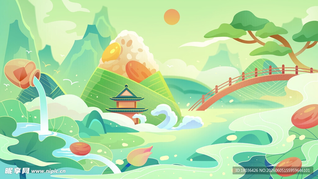 端午赛龙舟粽子手绘插画