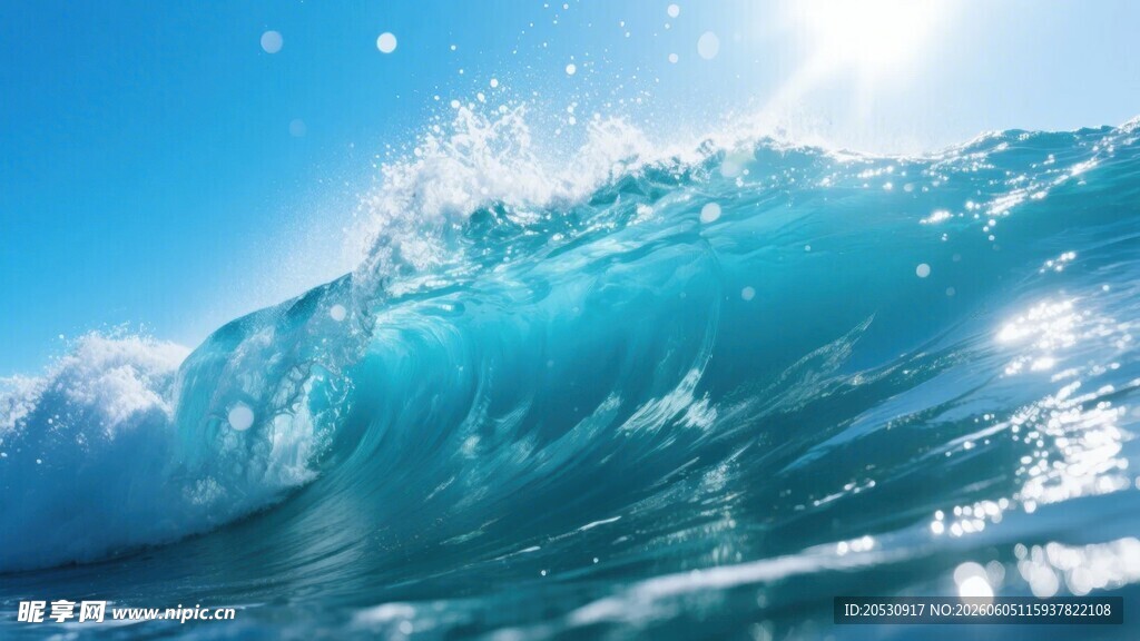 蓝色海浪与阳光闪耀瞬间