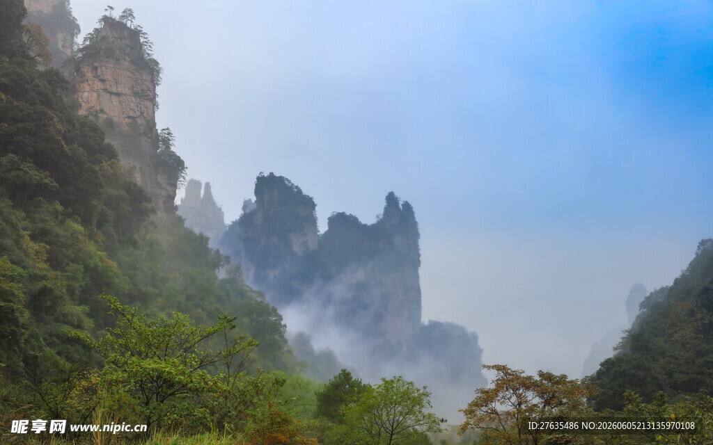 奇峰云雾中的山林美景