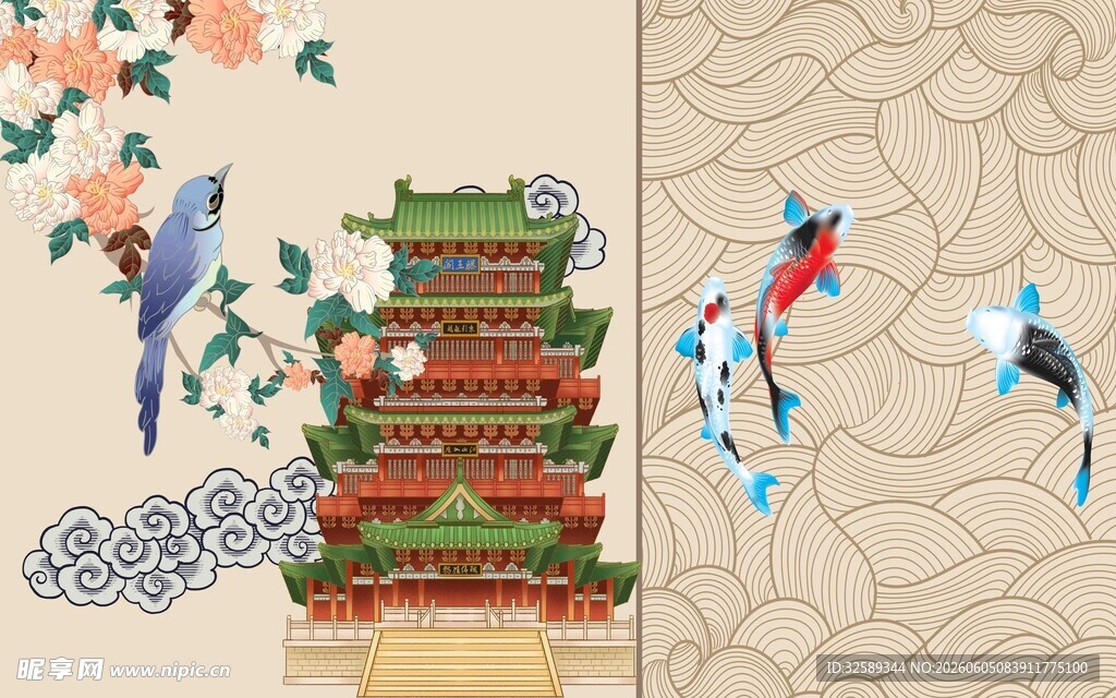 古风楼阁与飞鸟图案设计
