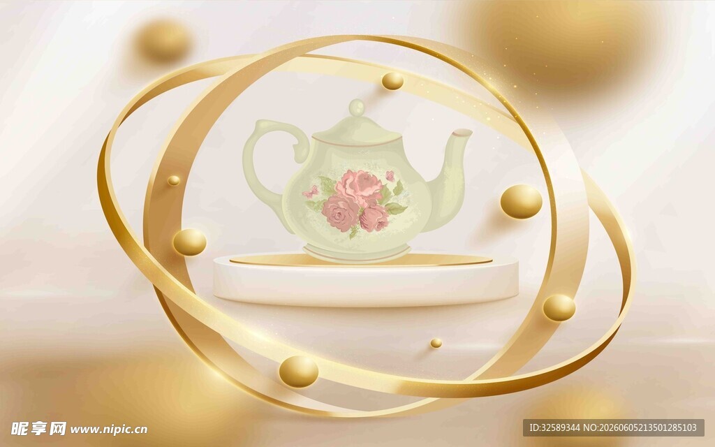 金色悬浮茶壶装饰元素