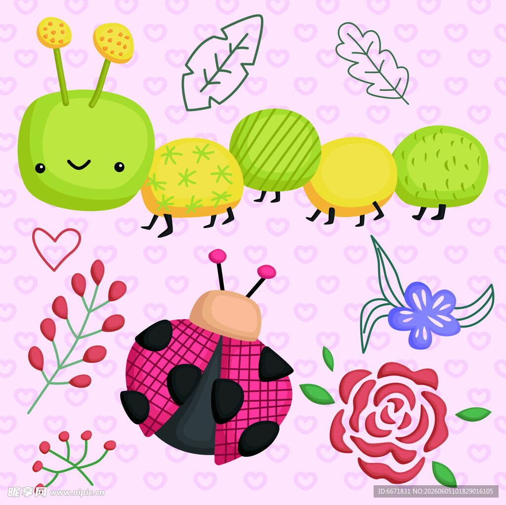 可爱昆虫与花卉插画