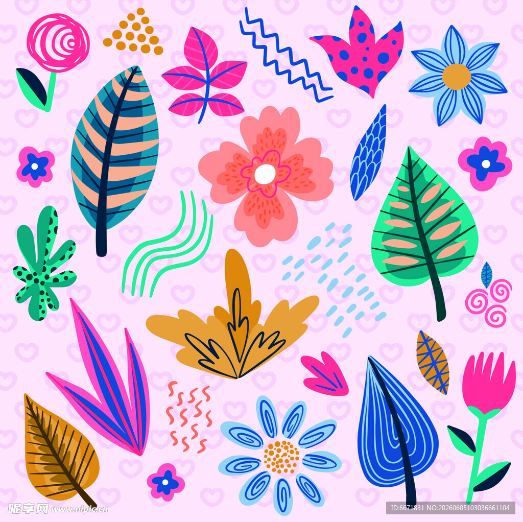 缤纷花卉与叶子插画图案