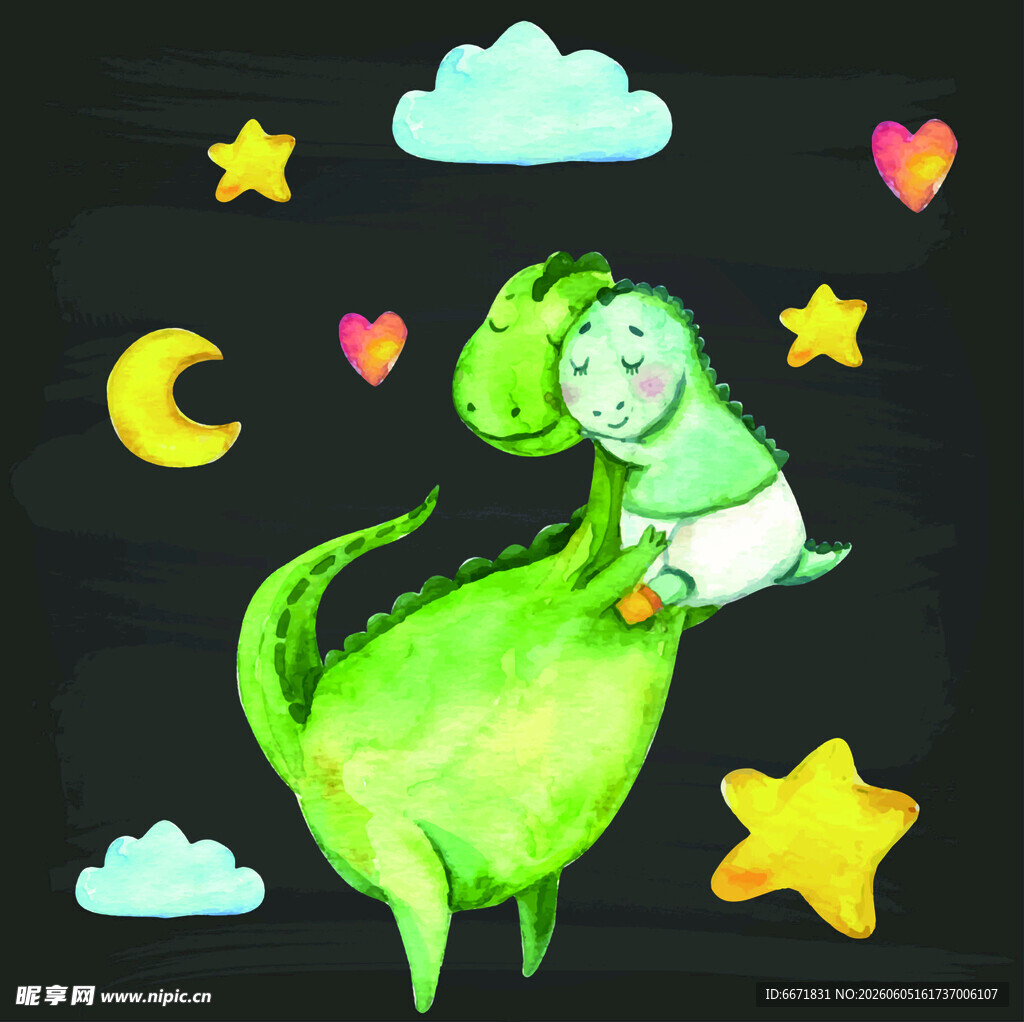 绿色恐龙怀抱星星与月亮