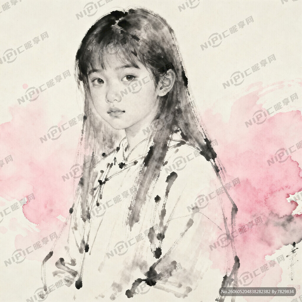 粉色水墨画的背景 素描的女孩