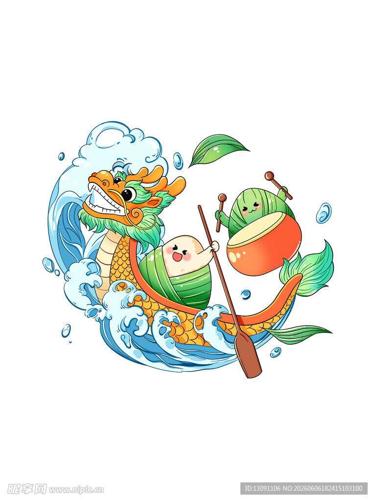 卡通动物划船破浪场景龙舟