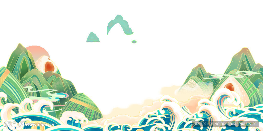 中式山水海浪插画意境美