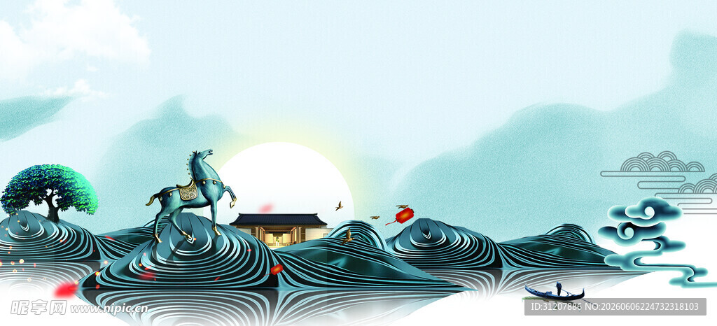水墨古风山水建筑景观图
