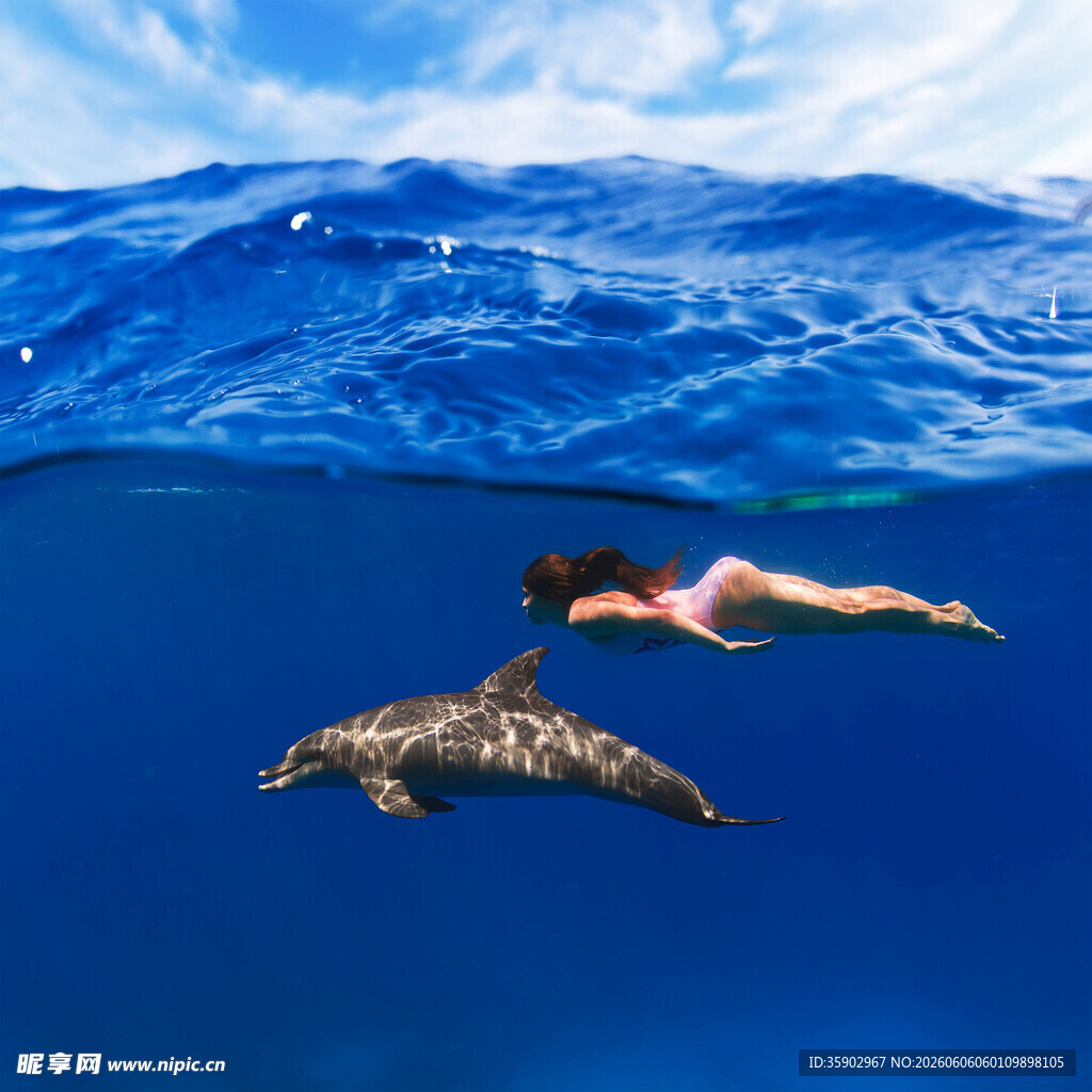 女子与海龟共游深海