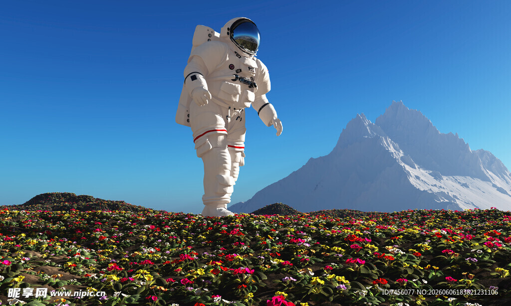 漫步花海的太空宇航员